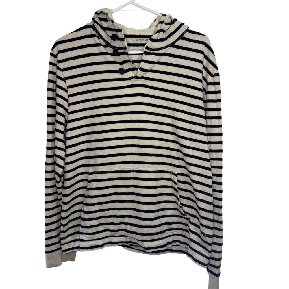 J. Crew White and Blue Striped Hooded Sweatshirt